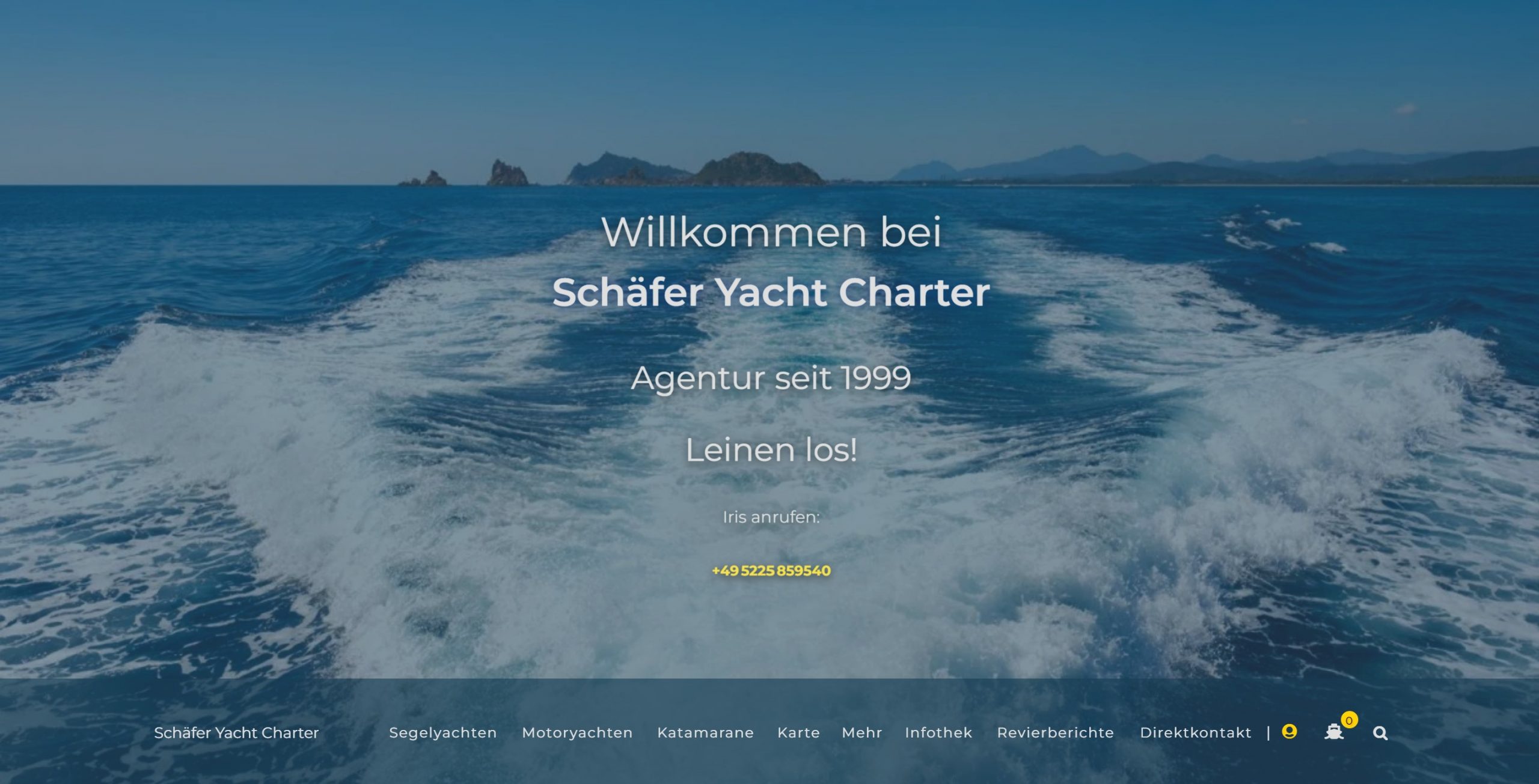 Startseite Schäfer Yacht Charter als Screenshot mit Linkklick auf schaefercharter.com